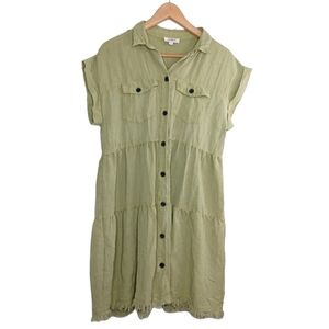 Umgee Light Olive Button-Down Tiered Mini Dress